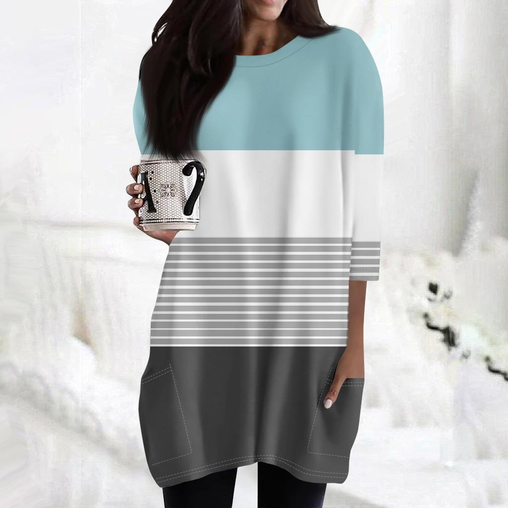 Damenmode Lässig 3/4 Ärmel Print Rundhals Doppelpattentasche T-Shirt Top