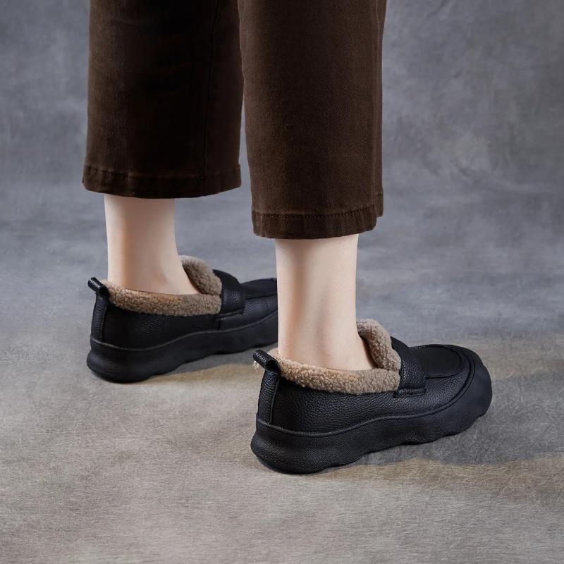 Johnature Genuine Leather Flat Slip-on Cotton Shoes Casual Soft Sole With Plush Warm Women's Loafers