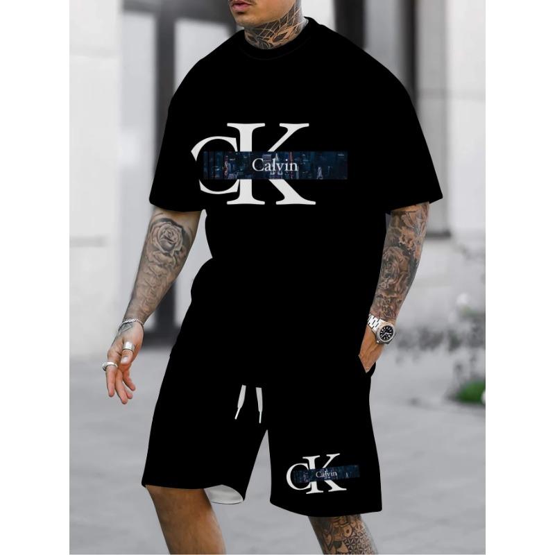Herrenbekleidung Sommer Neues Herren Freizeit-Sport-Set Buchstabendruck T-Shirt Shorts Rundhals 2-teiliges Set Zweiteiliges Set Streetwear S