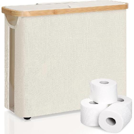 Foldable Toilet Paper Storage Basket with Lid and Handle for 12 Rolls, Waterproof Free Standing Toilet Paper Holder Stand, Bathroom Organizer Cabinet