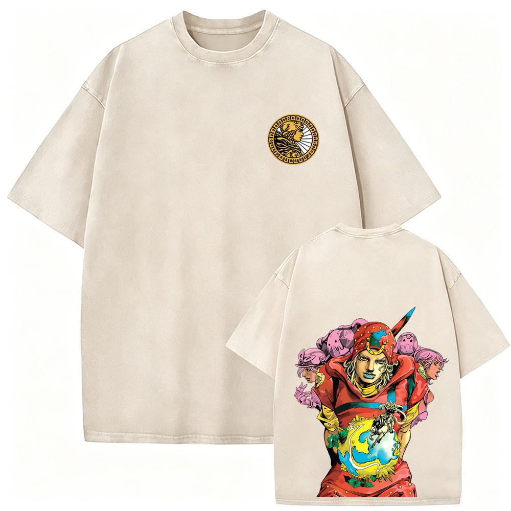 Washed Vintage Anime Jojo Bizarre Adventure Steel Ball Run Diego Brando Graphic Tshirt Men Women Manga Retro Oversized T Shirts