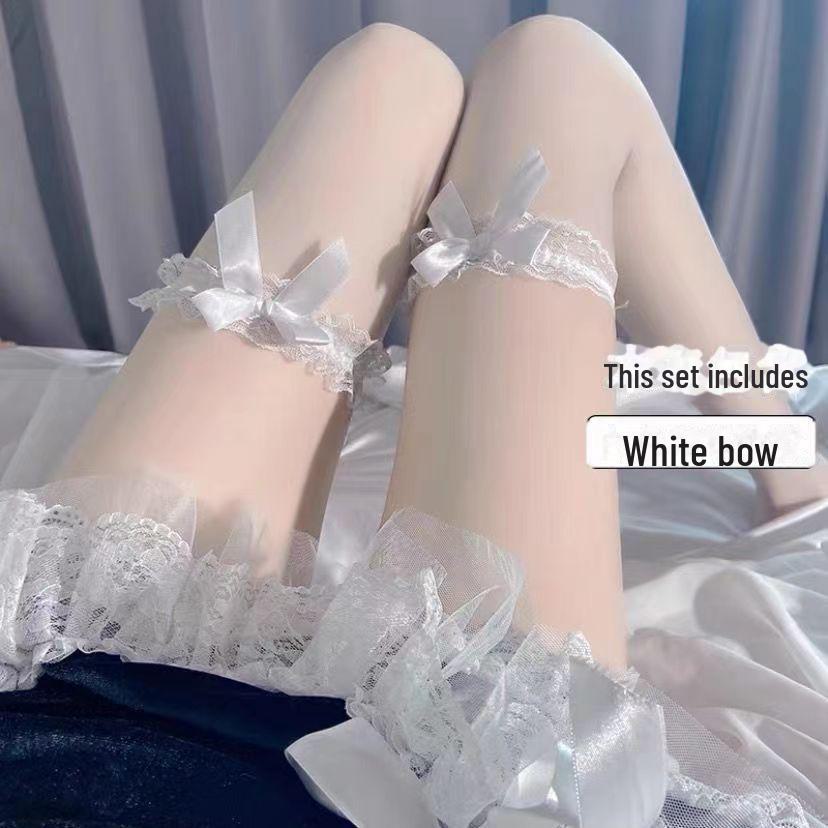 

Белые кружевные шелковые чулки средней длины с бантом - черные тонкие носки выше колена в японском стиле JK Sweet Style Fungus Lace Bow Wrap Heart Silk белый