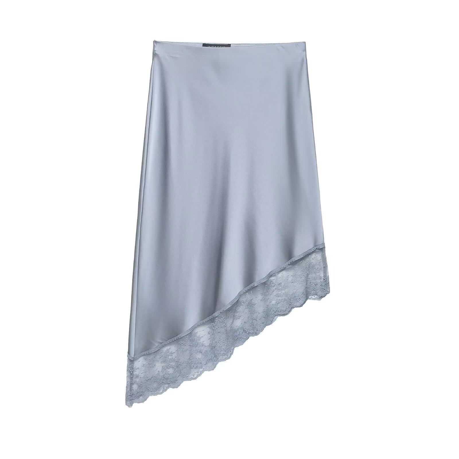 European and American style, new women s clothing, foreign silk satin lace asymmetrical hem skirt 5427/402 XS синий