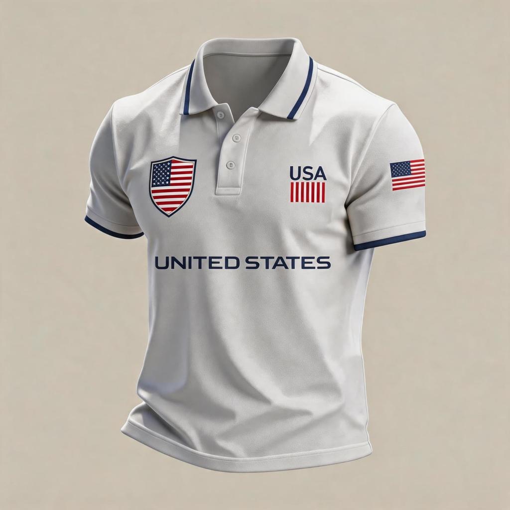 Men's Loose Fit Breathable Polo Shirt Short Sleeve Soccer Fanwear USA 2026 Embroidered Design Lightweight Mesh Fabric