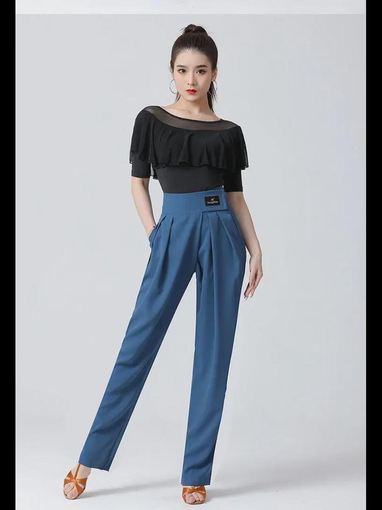 Dámské moderní taneční kalhoty s vysokým pasem – volný společenský a latinský styl