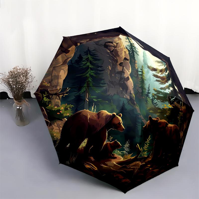 1 PC Automatic Folding Umbrella - Retro Brown Bear Pattern, Portable & Foldable Design with 8 Ribs, Christmas Birthday Gifts