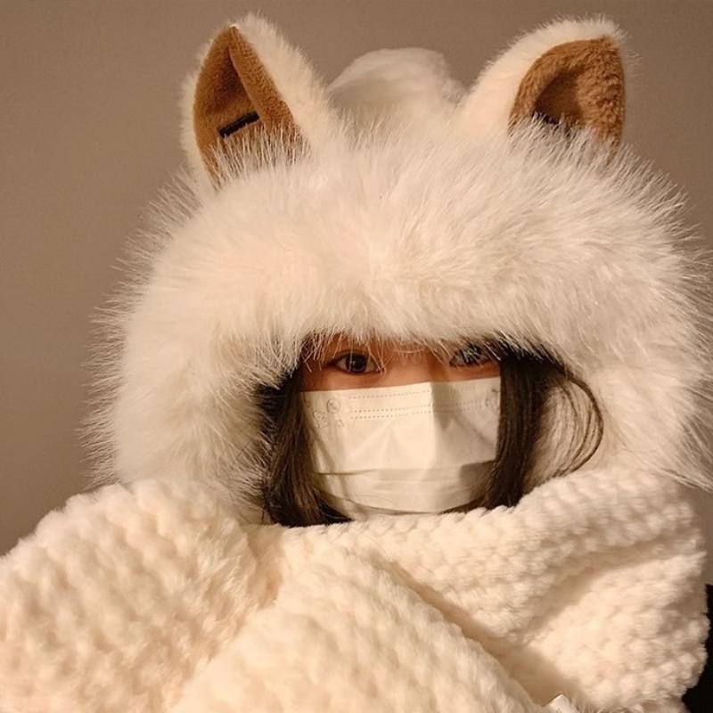 Cute Fox Ears Plush Hat Scarf Integrated Women's Winter Warmth and Cold Protection Ear Protection Thickened Gloves Three-piece Set