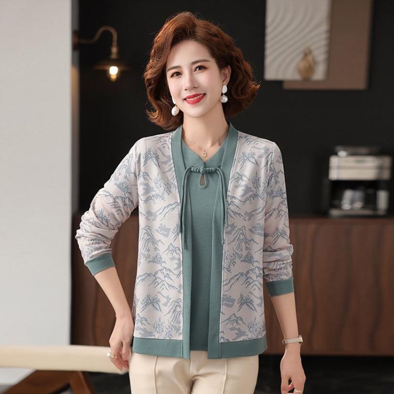 Elegant Spring Knit Two-Piece Set: Women's Chinese Style Long-Sleeve Cardigan for 40s and Up
