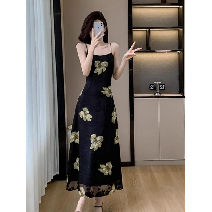 

Floral skirt suspender dress chiffon skirt slim waist and thin temperament long dress female summer S