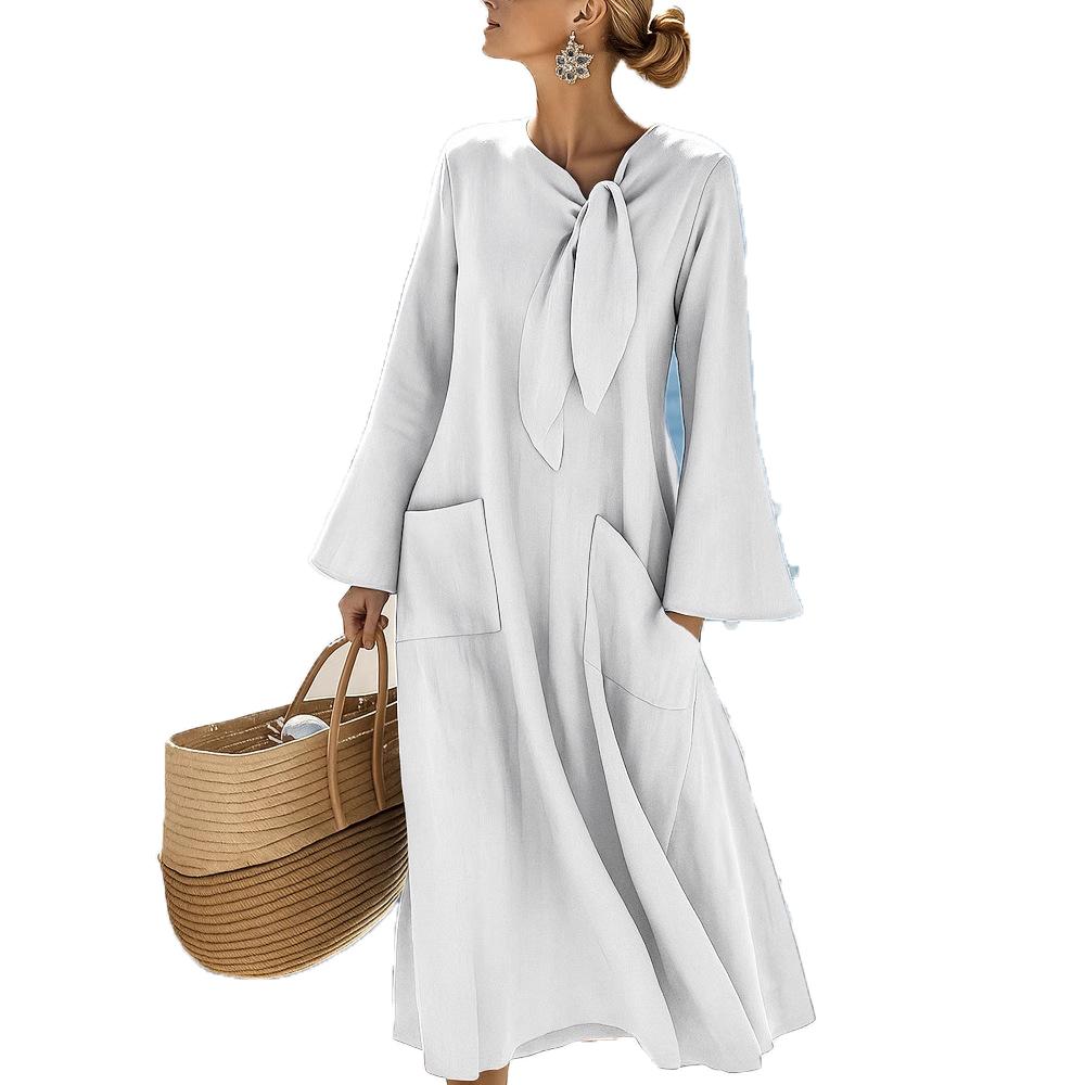 Damska codzienna i modna sukienka bez rękawów o średniej długości z okrągłym dekoltem