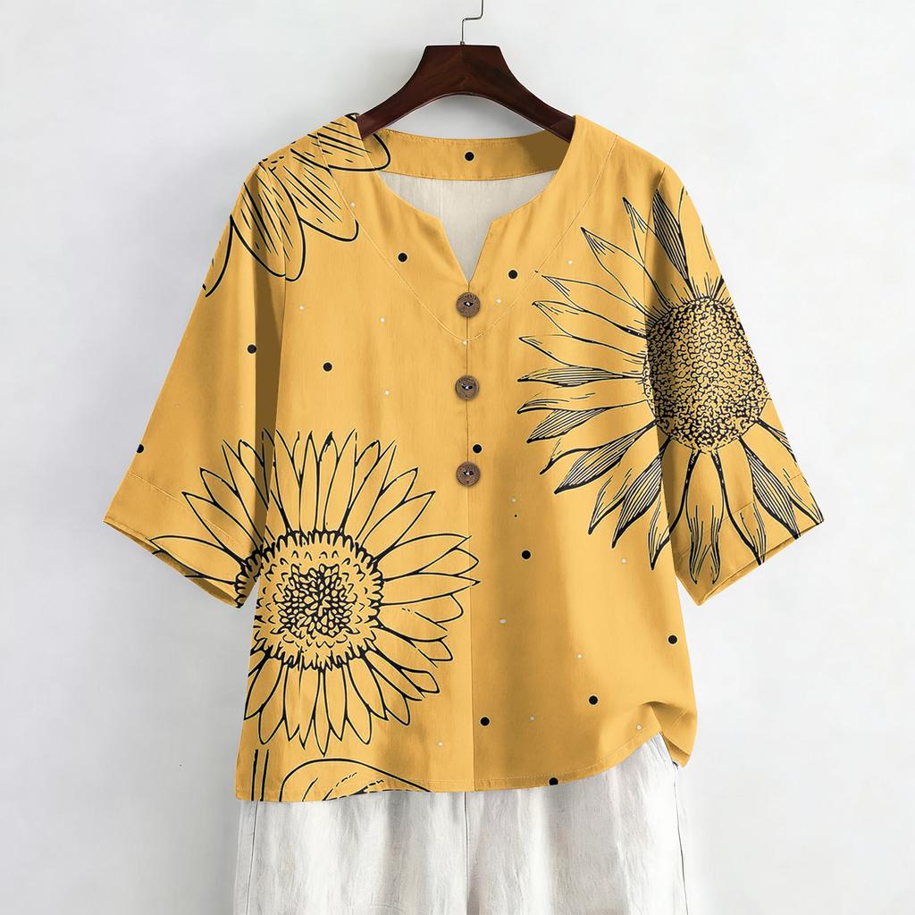 Women's Summer Fashion V-Neck 3/4 Sleeve Shirt Casual Loose-Fit Floral Print Top