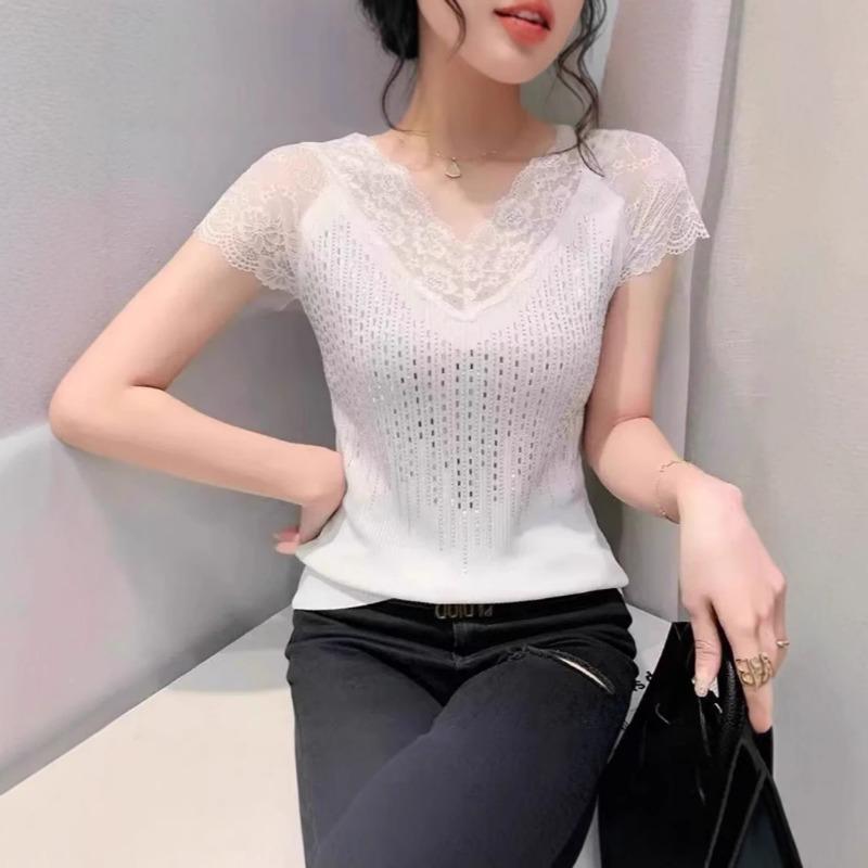 Summer short-sleeved patchwork knitted perm women's casual top for inner wear and outer wear