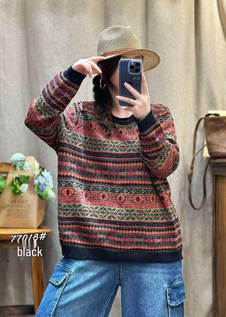 Women's Korean Style Jacquard Sweater: Loose Casual Round Neck Knit Pullover for Autumn/Winter