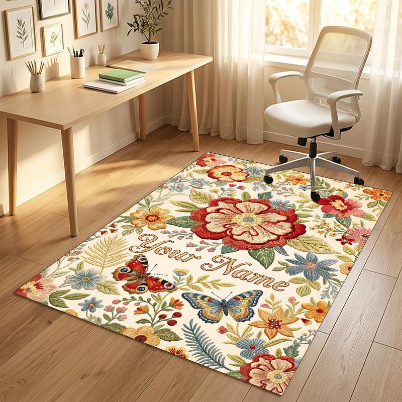 Floral Butterfly Garden Theme Soft Crystal Velvet Rug Custom Name & Text Print Non Slip Floor Rug for Bedroom Living Room