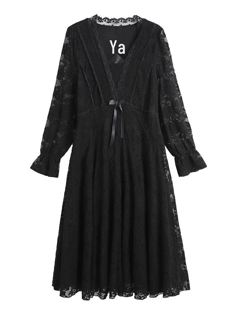 Plus Size Women's Lace Dress with Velvet Lining - Autumn/Winter, Elegant Slimming Skirt for 130-300 lbs