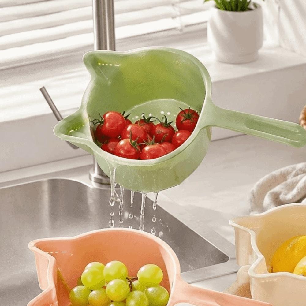 2-IN-1 Vegetable Cleaning Drainage Basket Cat Shape Large Capacity Fruit Clean Colander Detachable Storage Bowl