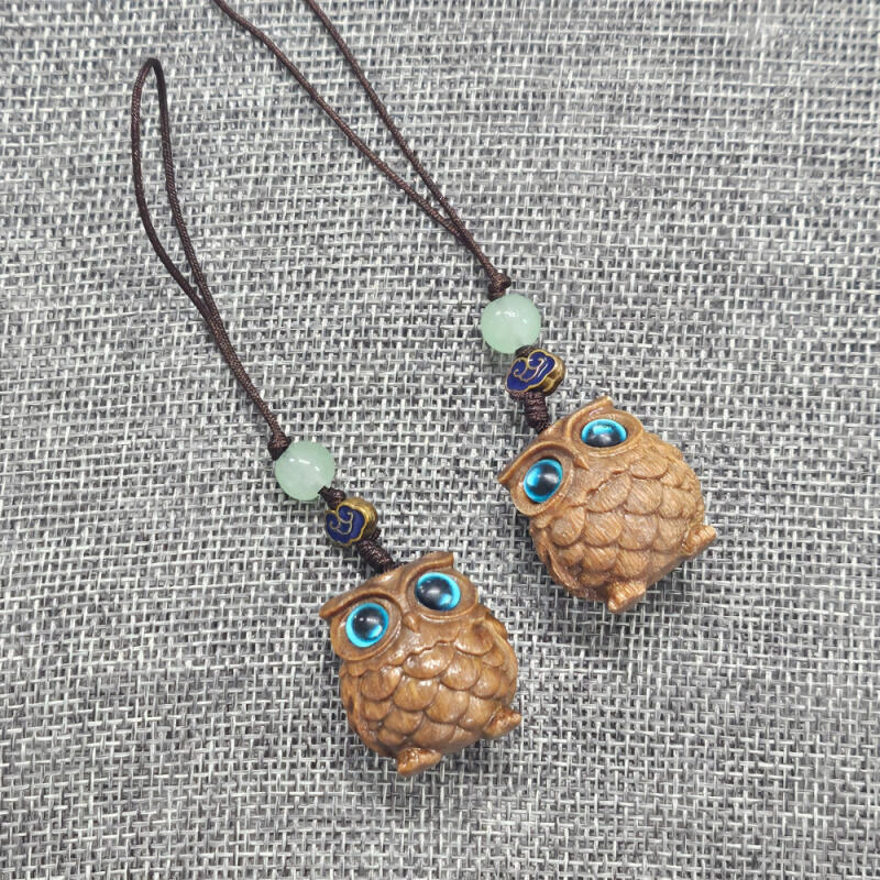 Wood Owl Lucky Wealth Safety Prayer Keychain