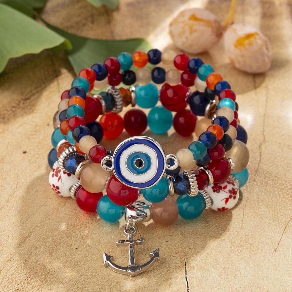 Bohemian Ethnic Style Beaded Bracelet Set with Anchor Pendant