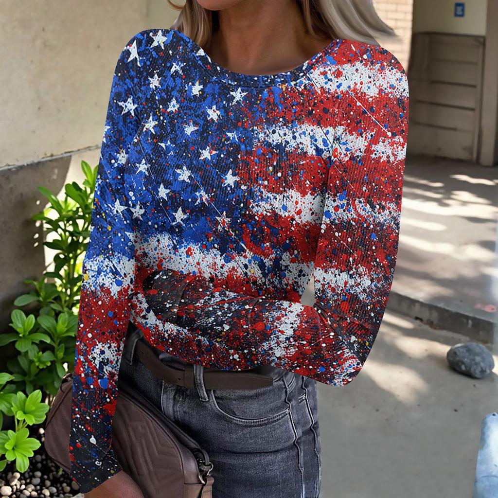 Women's Casual Long Sleeve Ribbed Top Crew Neck Lightweight Knit Shirt with Star Pattern Print for Everyday Wear