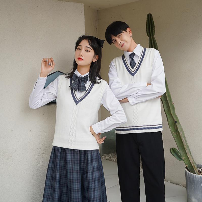  Korean School Uniform Long Sleeve Sweater Vest Fashion V-neck British Style Pullover School Girl Boy White Sweater Vest Top