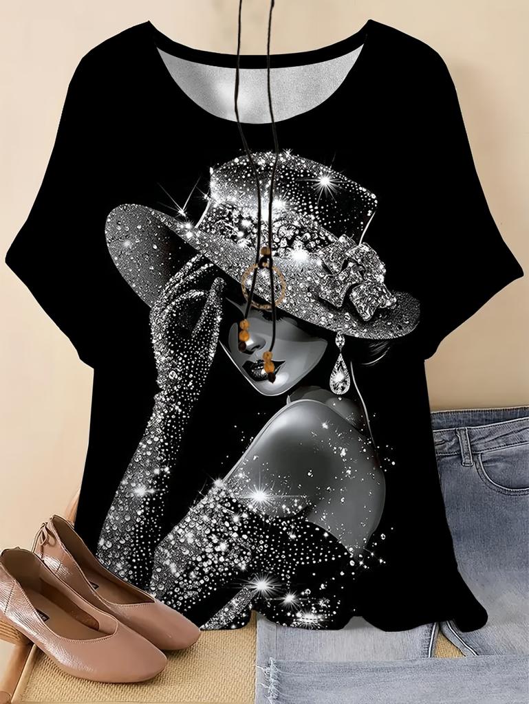 Retro Elegant Women's T-Shirt Ladies Pattern Casual T-Shirt Short-Sleeved Round Neck Tees Women's Clothing Summer Women's Tops