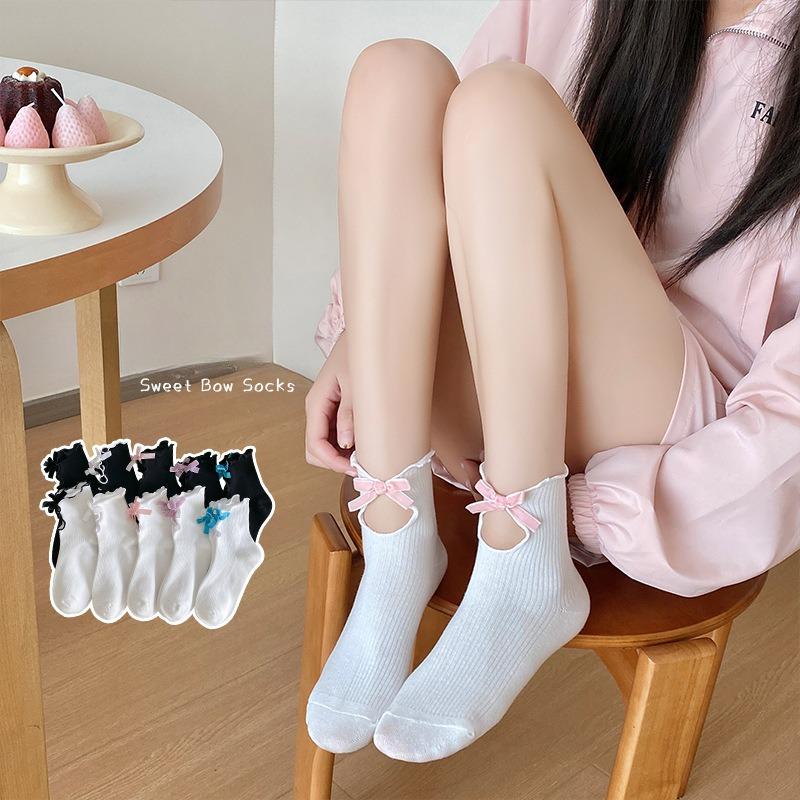 

Women s Spring and Summer Lace Bow Ballet Wind Tube Pile Socks 1 pair білий