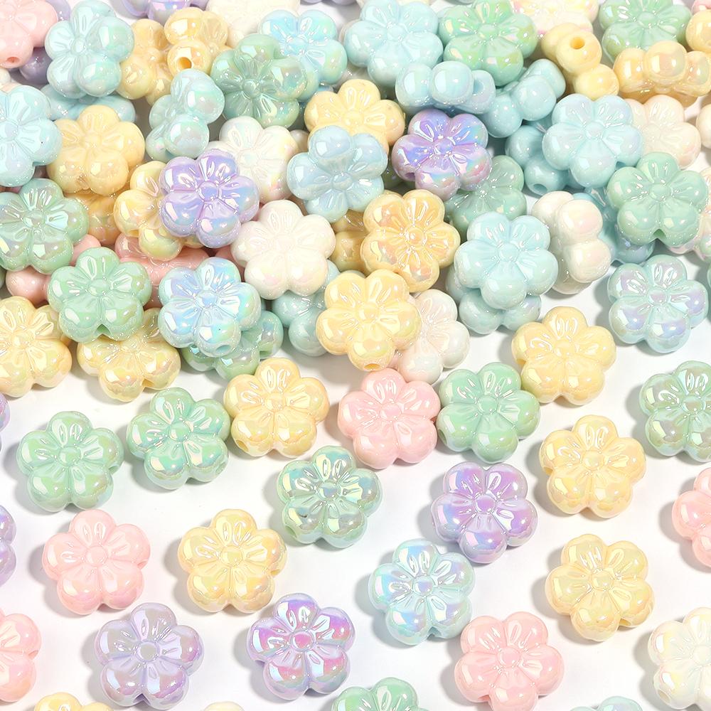 10pcs Colorful Acrylic Flower Beads Plated Color Five Petal Flower Big Hole Loose Beads For Jewelry Making DIY Bracelet Necklace