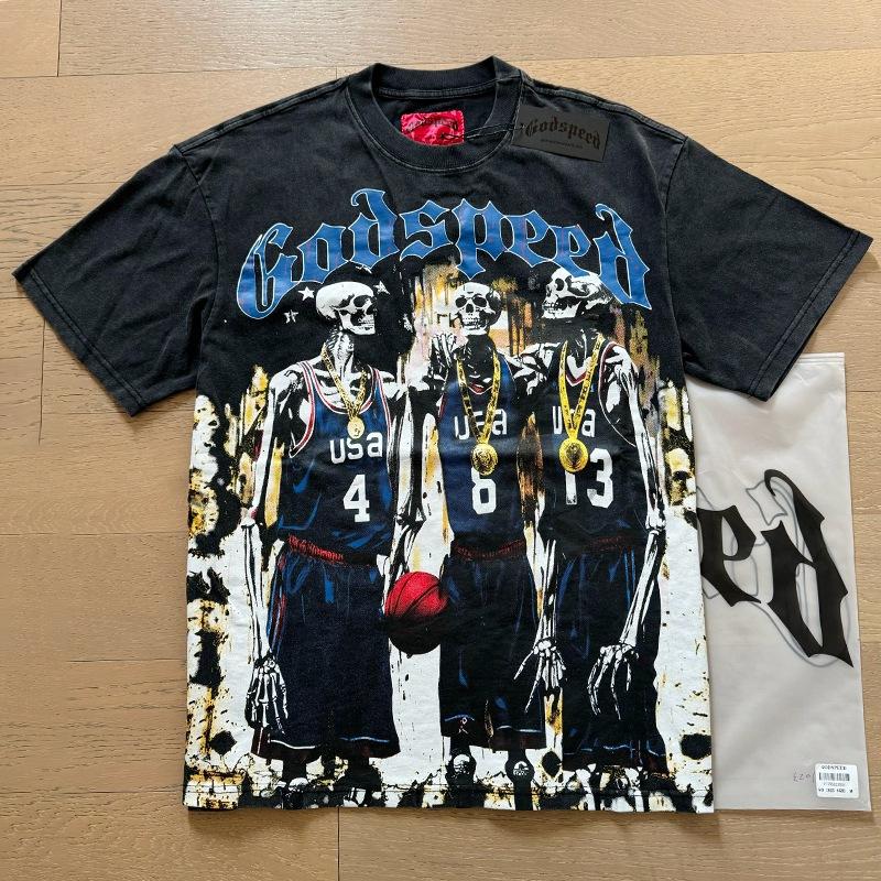 Godspeed retro printing foreign trade beauty tide high street men and women casual trend hip hop apricot old short sleeve T-shirt