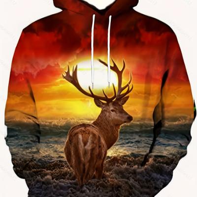 Bequemer Herren-Übergrößen-Hoodie mit 3D-Hirsch-Grafikdruck und Tasche