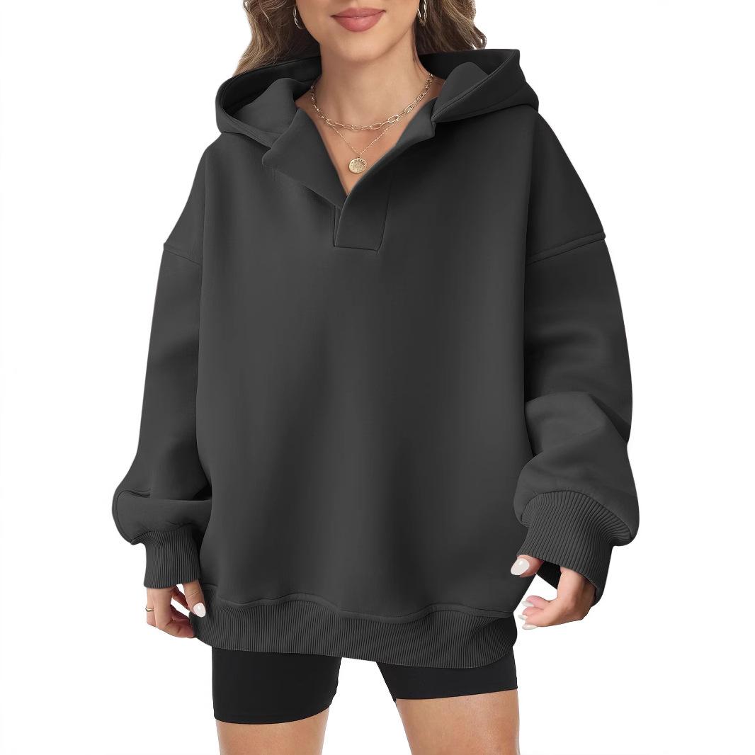 

Реальное фото женского флисового худи с капюшоном, с длинным рукавом, однотонный топ, свободный женский S чёрный