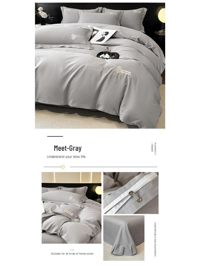 Luxury Pure Cotton Flannel Four-Piece Bedding Set: Solid Color Embroidered Bed Sheet & Duvet Cover Gift.