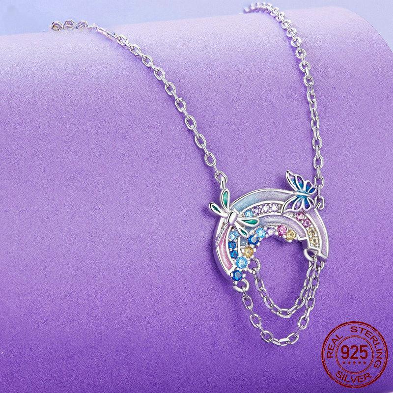 Colier curcubeu pentru femei, argint 925, colier cu pandantiv fluture și libelule, bijuterii, cadou pentru femei