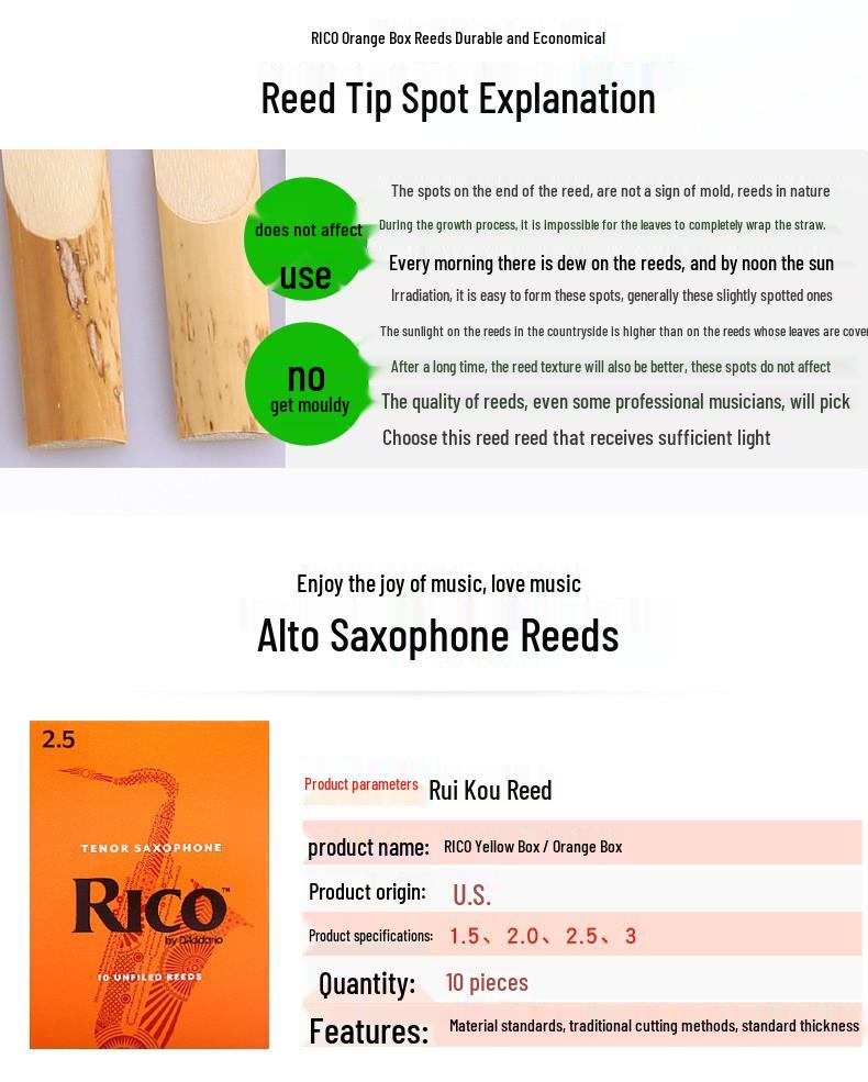 Genuine RICO B-flat Alto Saxophone Reeds, Strengths 1.5-3.0, Yellow-Orange Box, 10-Pack