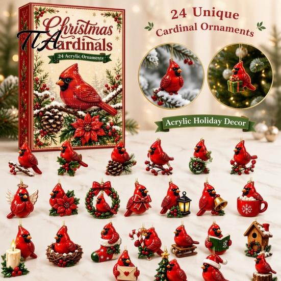 Acrylic Ornament Collection Red Bird Advent Calendar, 24-Day Christmas Countdown Set with Ornaments, 2D Tree Hanging Decor, Holiday Gift for