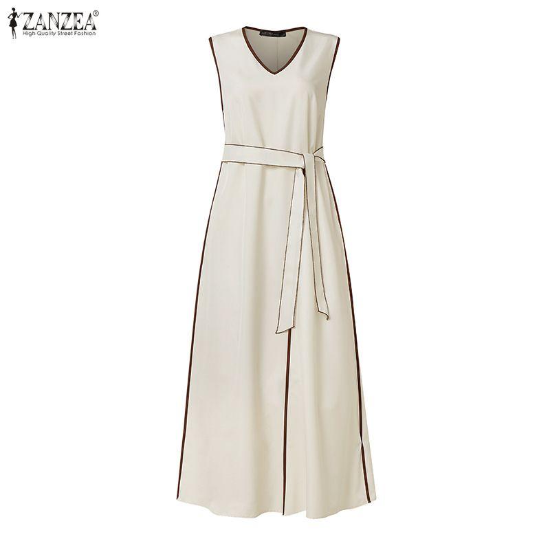 ZANZEA Women Elegant V-Neck Loose Casual Sleeveless Long Dress