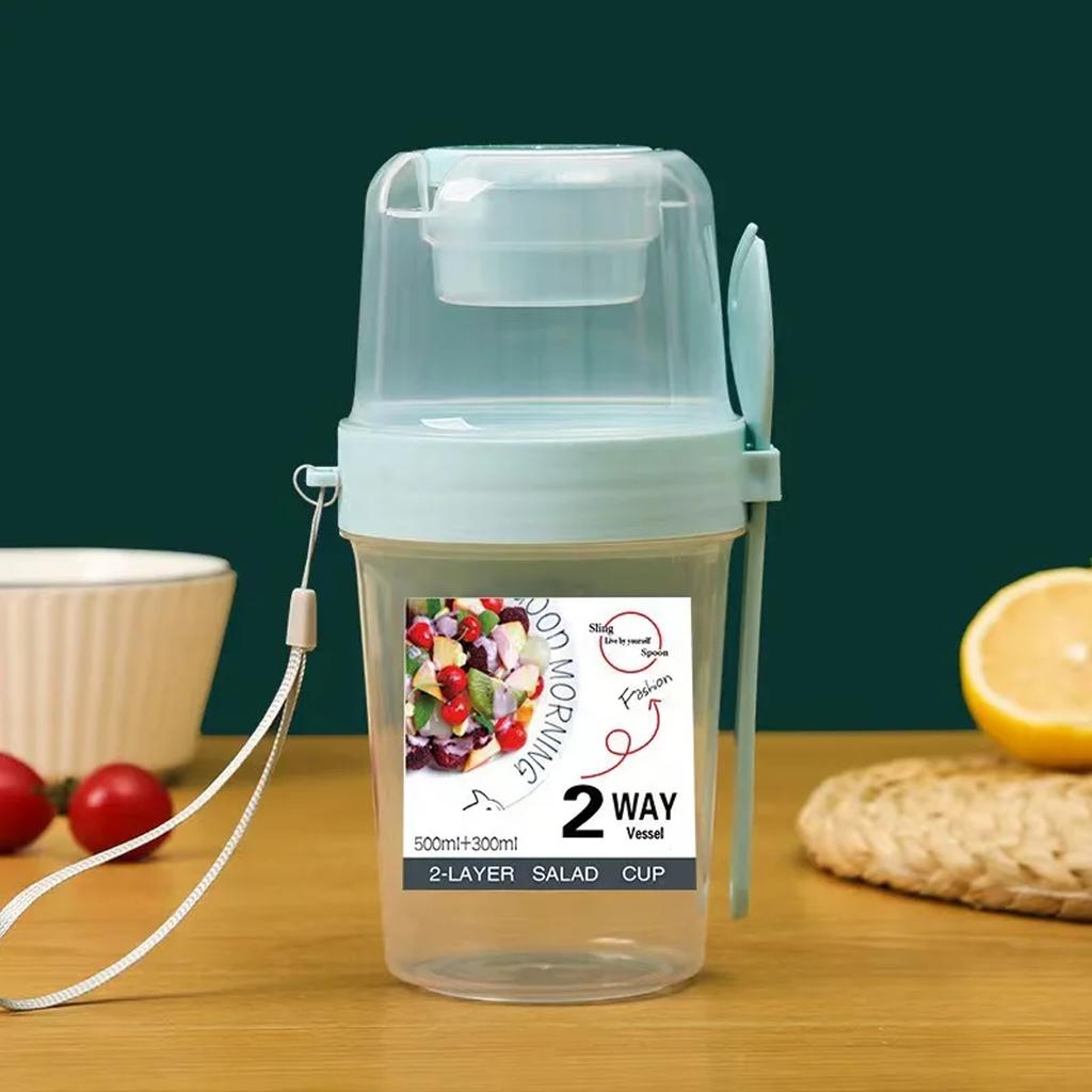 Sallad Havregrynsmugg 500ml+300ml Läcksäkert Lock med Gaffel Sked Handledsrem Bärbar Bento Matlåda för Kontor Gym Resa