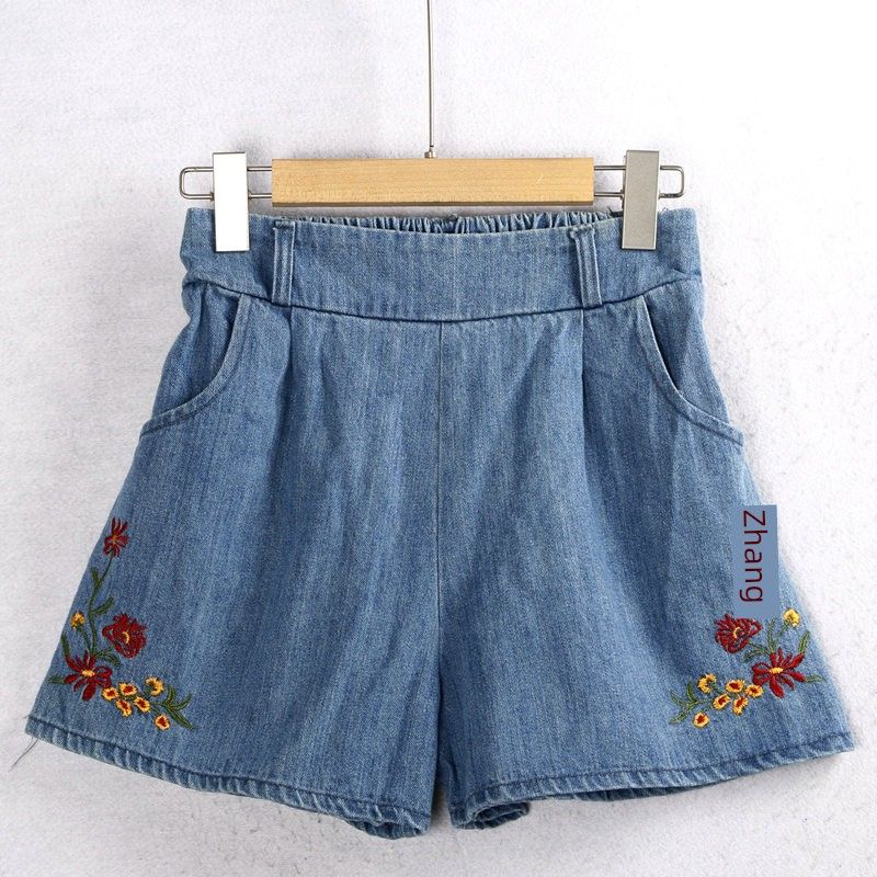 

Cotton High Waist Embroider Frosted Washed Denim Shorts Light Blue One size(M/L)