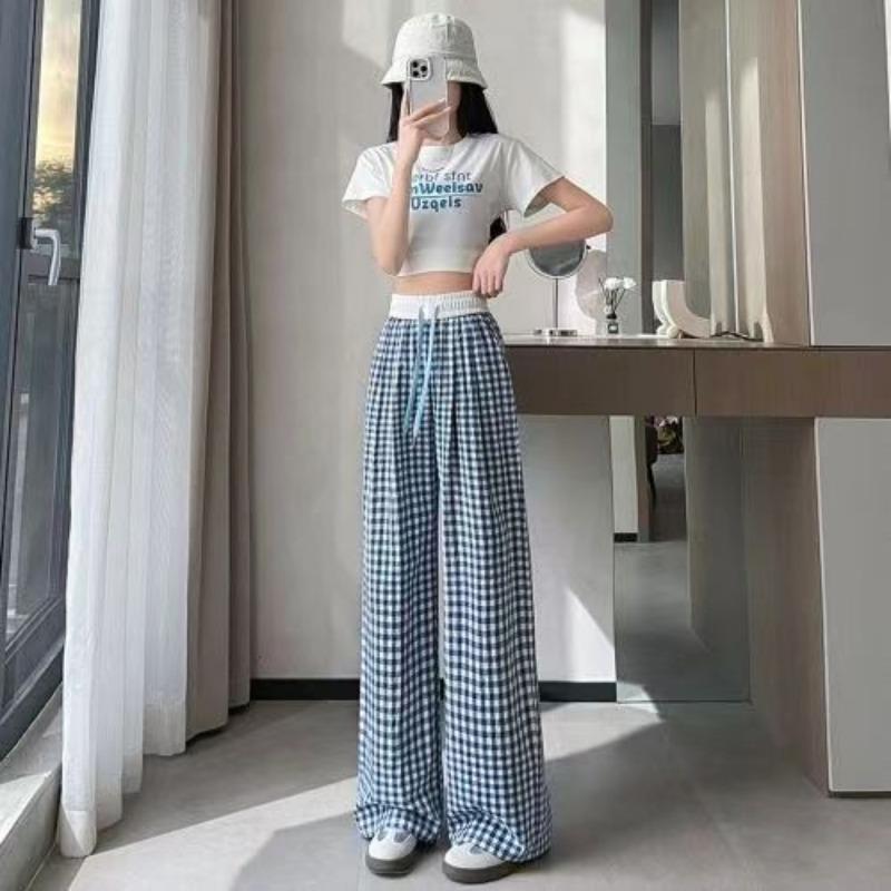 Retro Plaid Casual Trousers for Women In Summer Thin Small Drooping Wide-leg Pants White Design Drawstring Trousers for Women