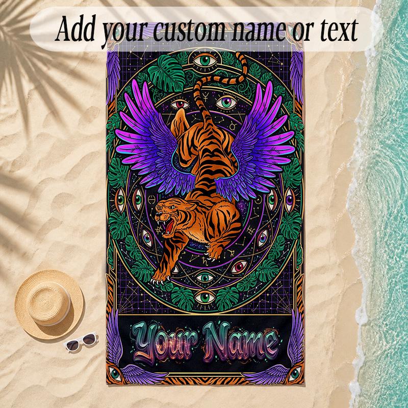 Leopard Theme Soft Beach Towel Personalized Custom Name Text Towel Portable for Beach Pool Travel