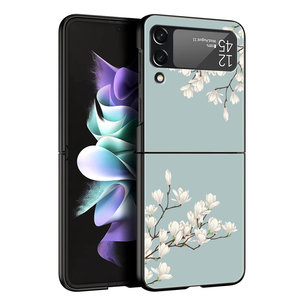 Flower Phone Case For Samsung Galaxy Z Flip3 Flip4 Flip5 PC Bumper Shell For Z Flip 3 4 5 Black Hard Folding Back Cover