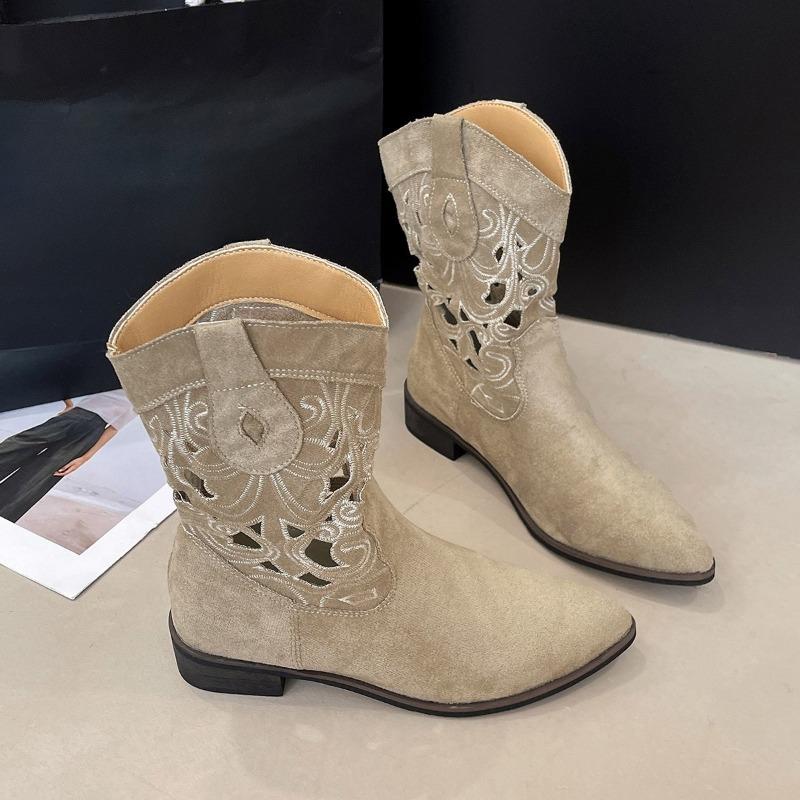Cizme Noi de Lux pentru Femei, Stil Cowboy Western, Brodate, Decupate, cu Toc Gros, Cizme de Cavaler, Retro, Casual, Antice, Scurte