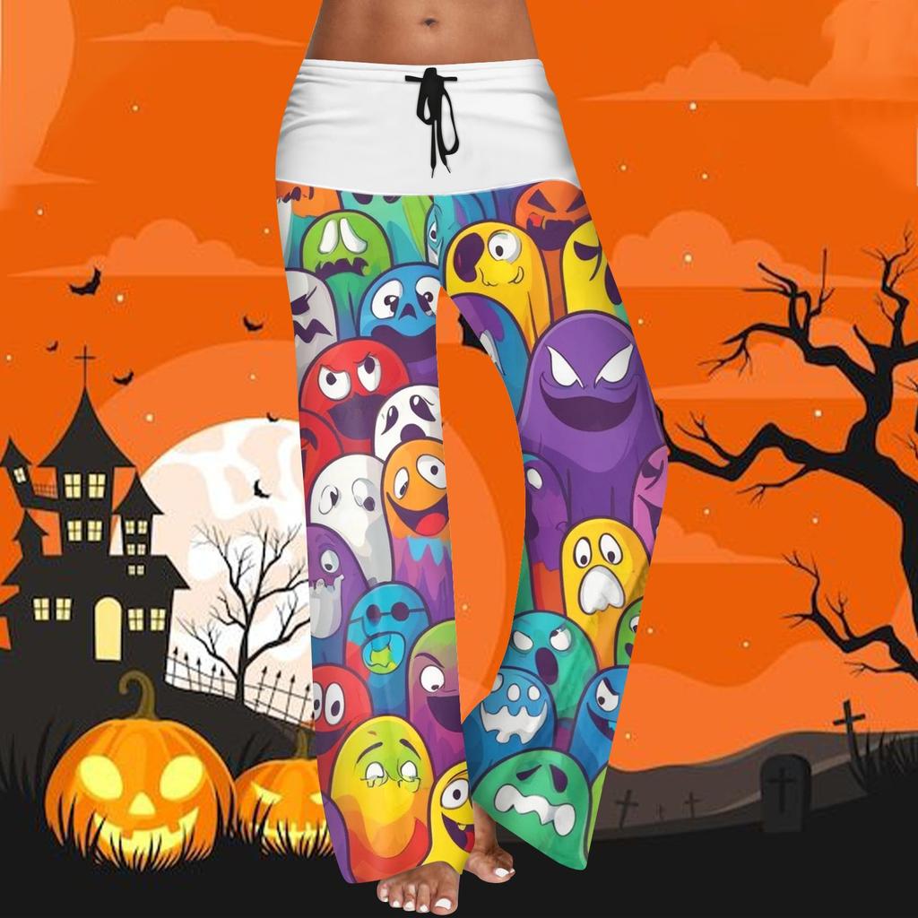 Women's Drawstring Elastic Waistband Wide Leg Color Matching Halloween Printed Casual Pants