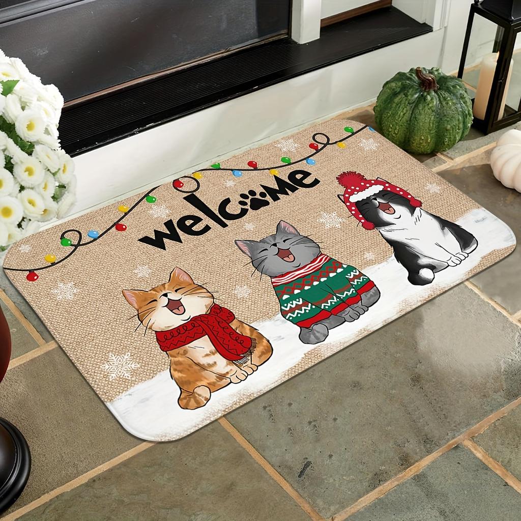 Plush Cat Welcome Doormat, Ultra-Soft Absorbent Polyester Rug, Non-Slip Christmas Decor for Bathroom Living Room Rug