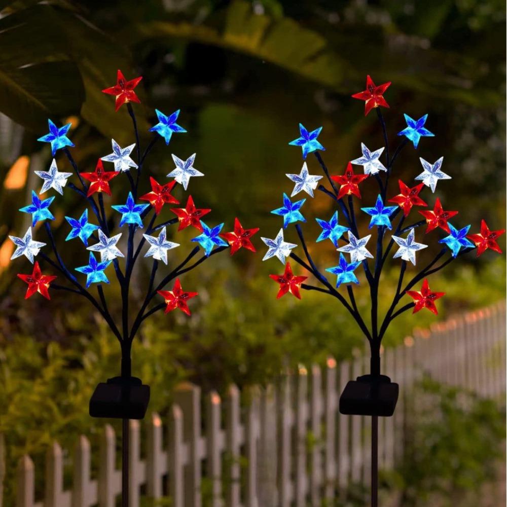 1/2/4PCS LED Red White Blue Star Solar Lights Outdoor Waterproof Fairy Atmosphere Night Light Independence Day 4th Of July Decor