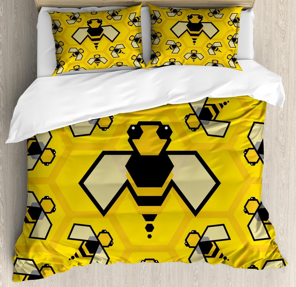 Be Quen Sized Dimensions Soft Duvet Cover Set, Bumble Bes Producing Honey By Filing Honeycombs Cels Themed Graphic Image Print, Soft Warm