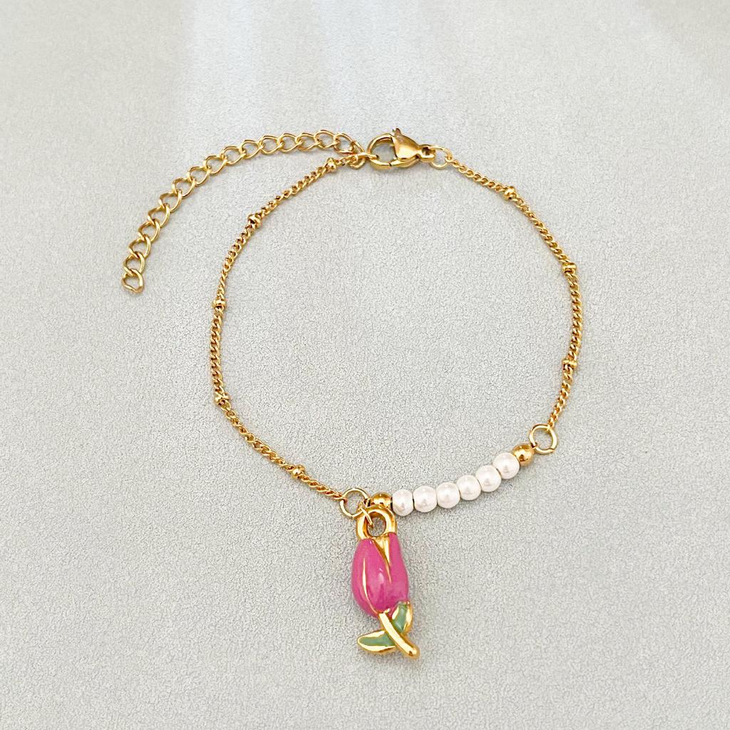 Rose Edelstahl Perlenkette mit floralem Tulpenanhänger für Damen