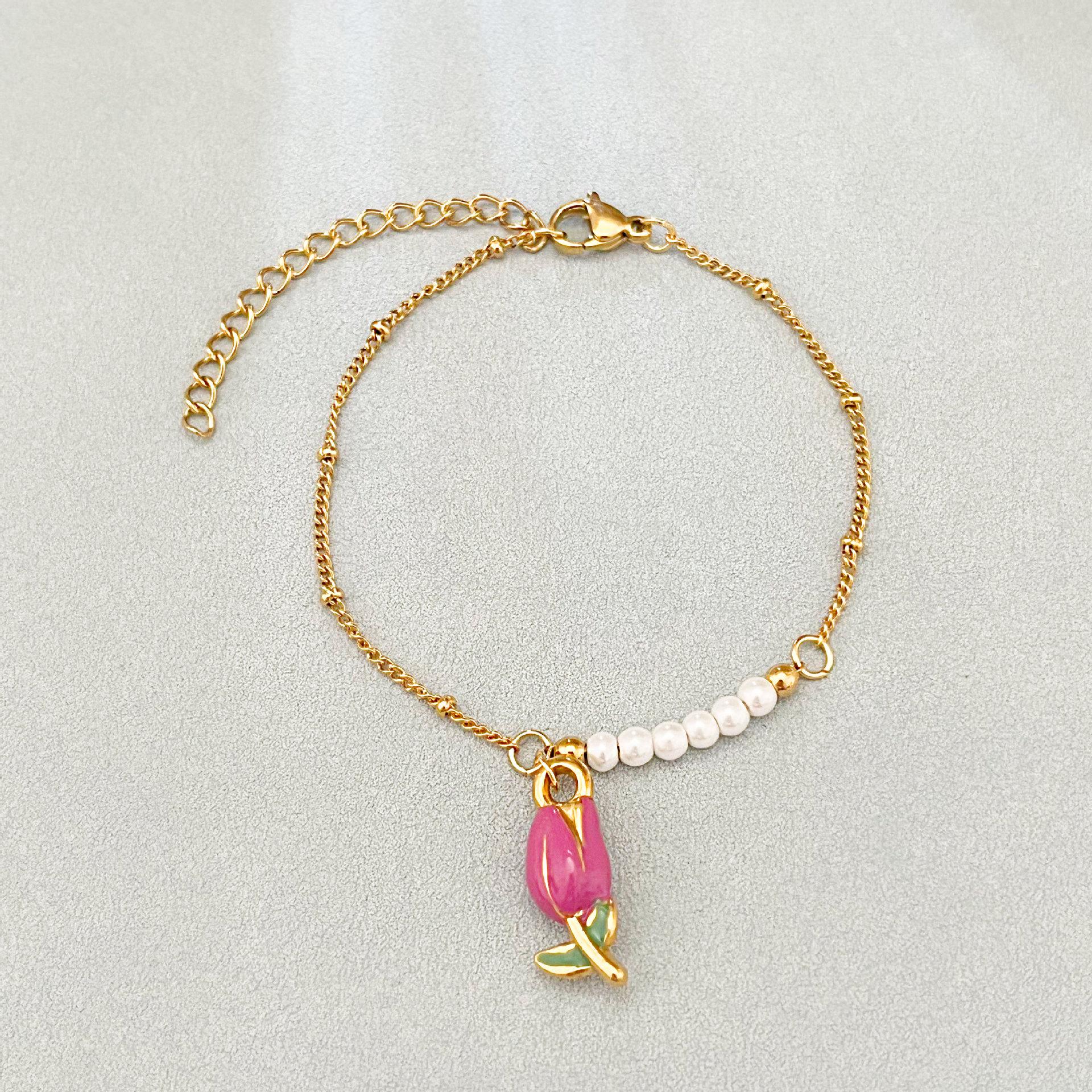 Розовое Нержавеющая Сталь Жемчужное Ожерелье с Цветочным Тюльпаном Подвеской для Женщин фиолетовый