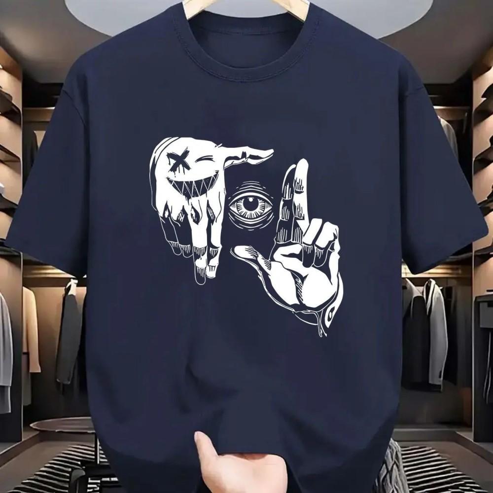 2025 Summer Men's Polyester Casual Breathable Round Neck T-shirt with Gesture Eye Personalized Pattern Printed Outdoor Top