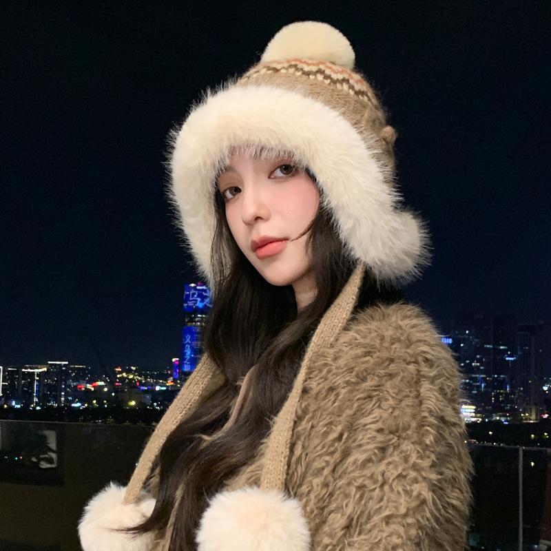 Korean Version Hat Winter Women'S Cute Hairball Knitted Hat Big Head Circumference Autumn Windproof Headgear Ear Protection Warm Hat