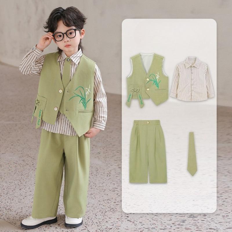 Kids Boys Chinese Style Formal Suit Set Orchid Embroidered Vest Striped Shirt Pants Gentleman Outfit for Wedding Birthday Party